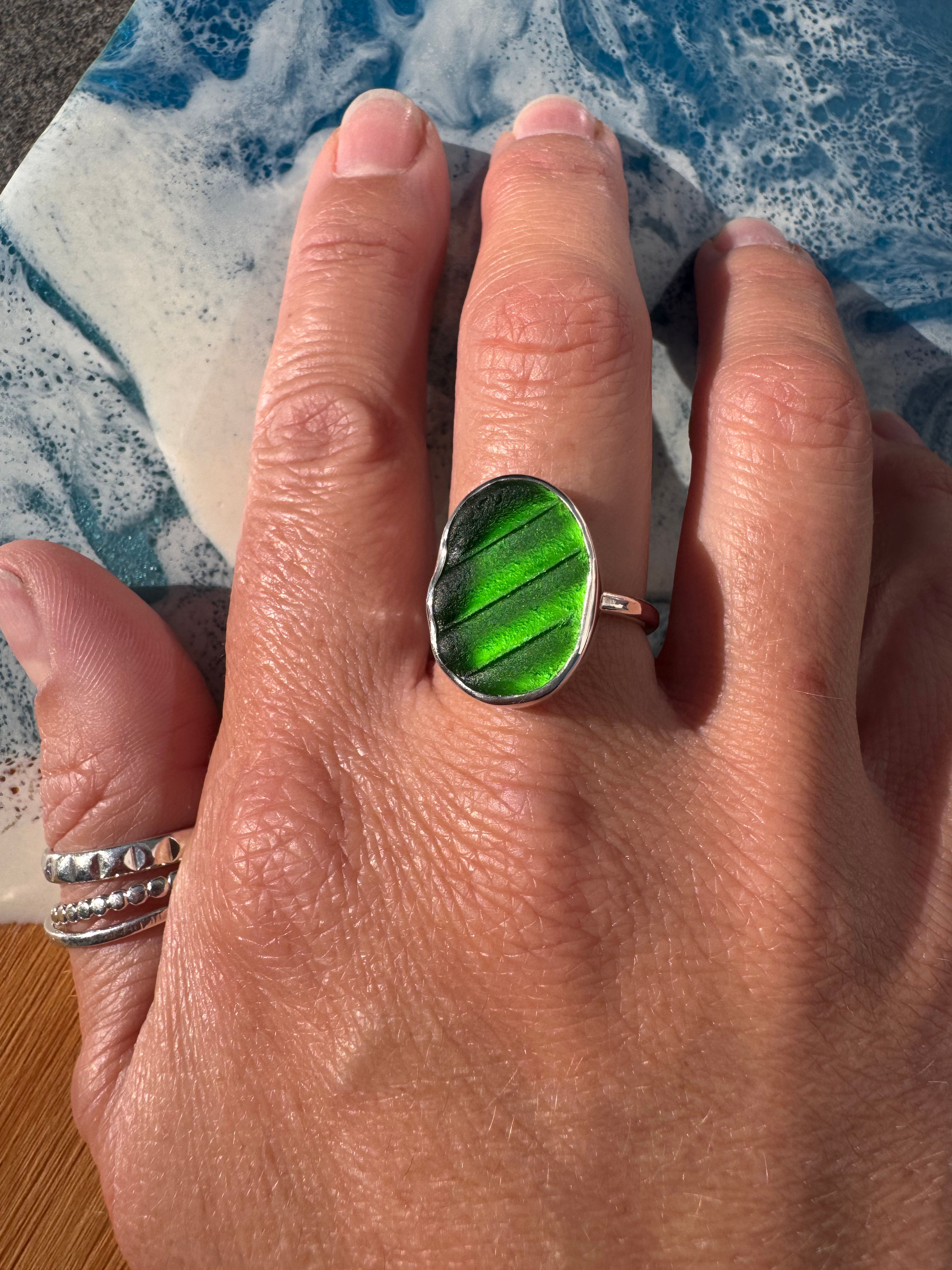 Bright green stripped seaglass ring, size P