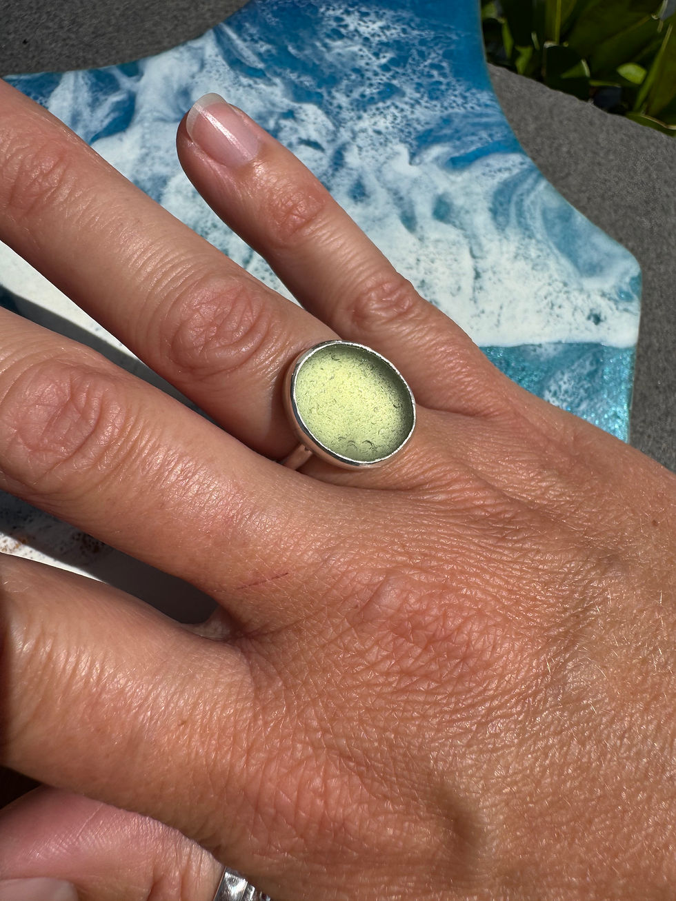 Thumbnail: Light olive green seaglass ring, size N 1/4