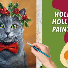 CHEERY Holly Acrylic Cat Painting! FUN Holiday Painting! Acrylic Holiday Cat Portrait Tutorial!
