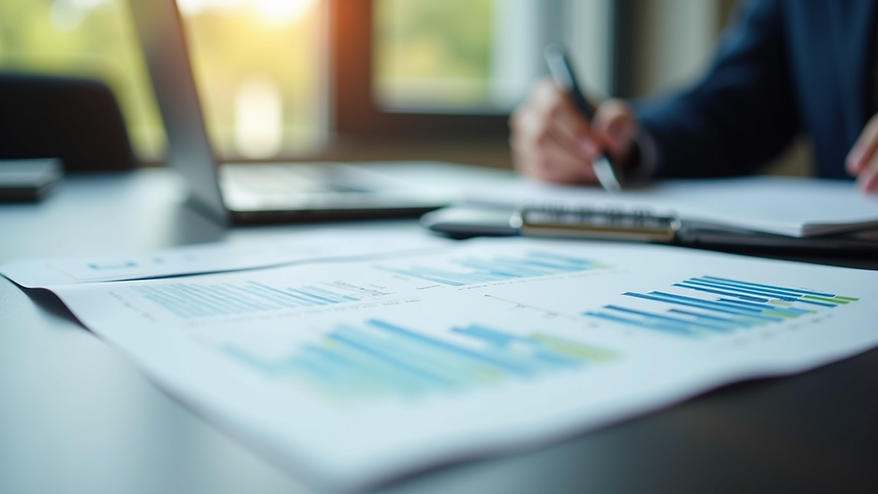 Close-up view of organized financial documents on a desk