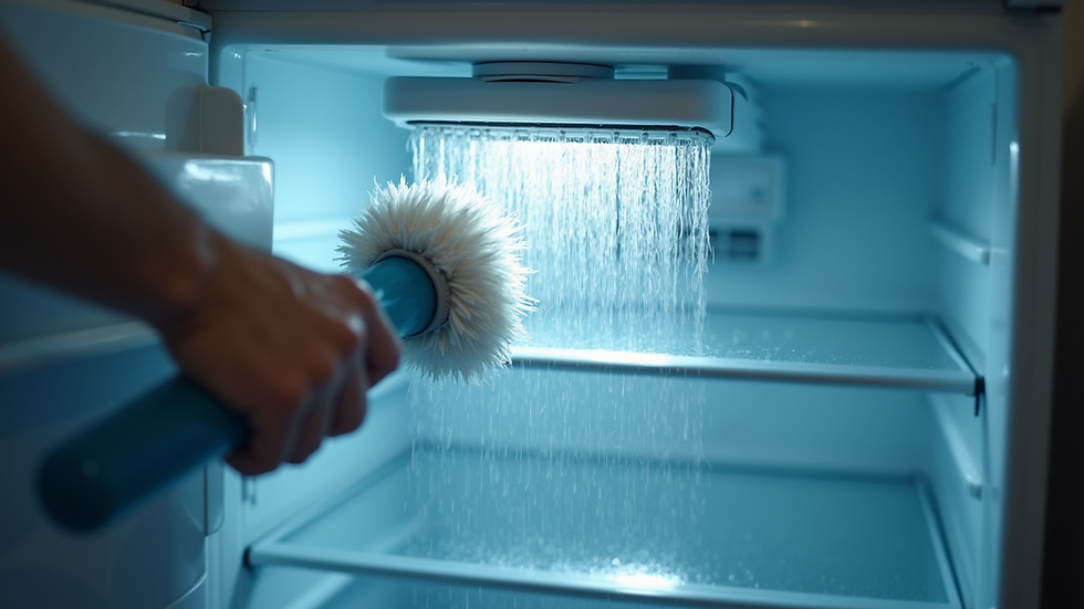 Close-up view of refrigerator condenser coils being cleaned
