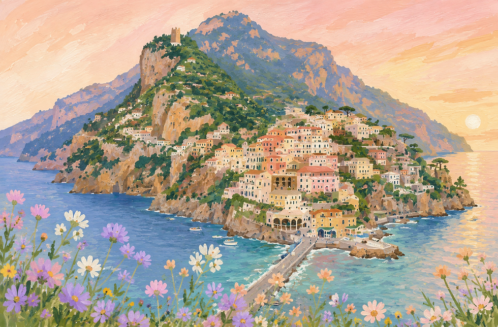 Romantic painted illustration of the Amalfi Coast at sunset with colorful cliffside town, sea, and foreground flowers, wide landscape.