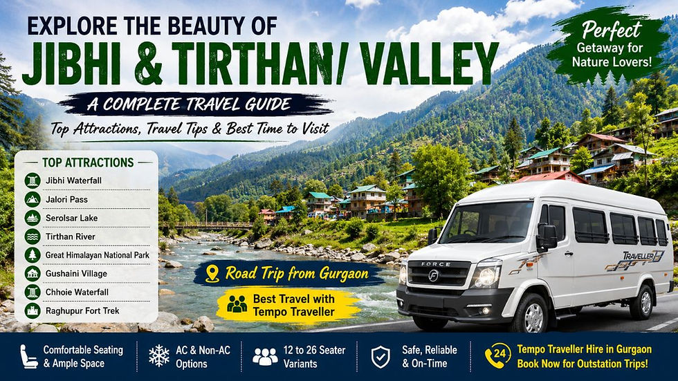 Scenic travel poster featuring Jibhi and Tirthan Valley attractions, including rivers, mountains, villages, and a white tempo traveller for a road trip from Gurgaon.