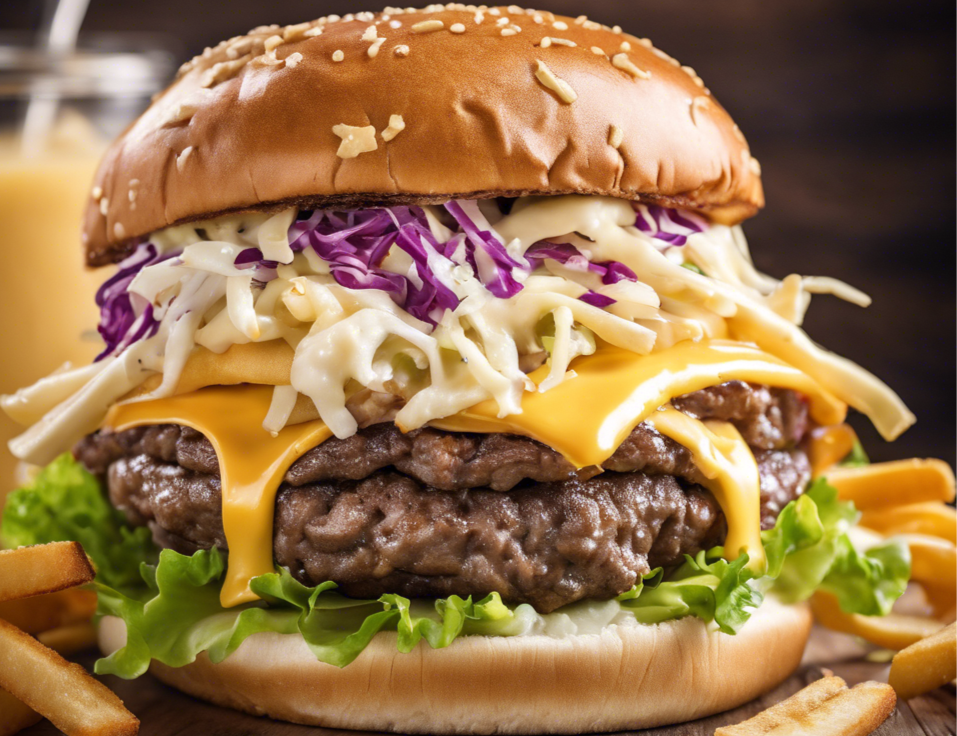 big Gourmet Double cheese burger topped with sliced bratwurs and coleslaw .png