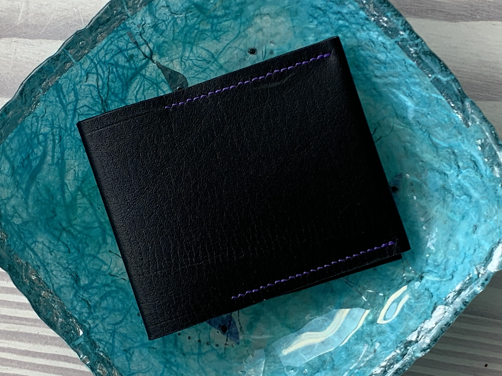 Thumbnail: Folding card wallet (2 pocket) in black calf with purple stitching.