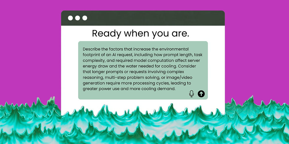 Webpage with "Ready when you are" text, details AI energy use. Green text box on purple background with teal wave pattern at bottom.