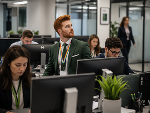 Office workers at computers; red-haired man in green suit with rainbow lanyard looks up in a bright modern office.