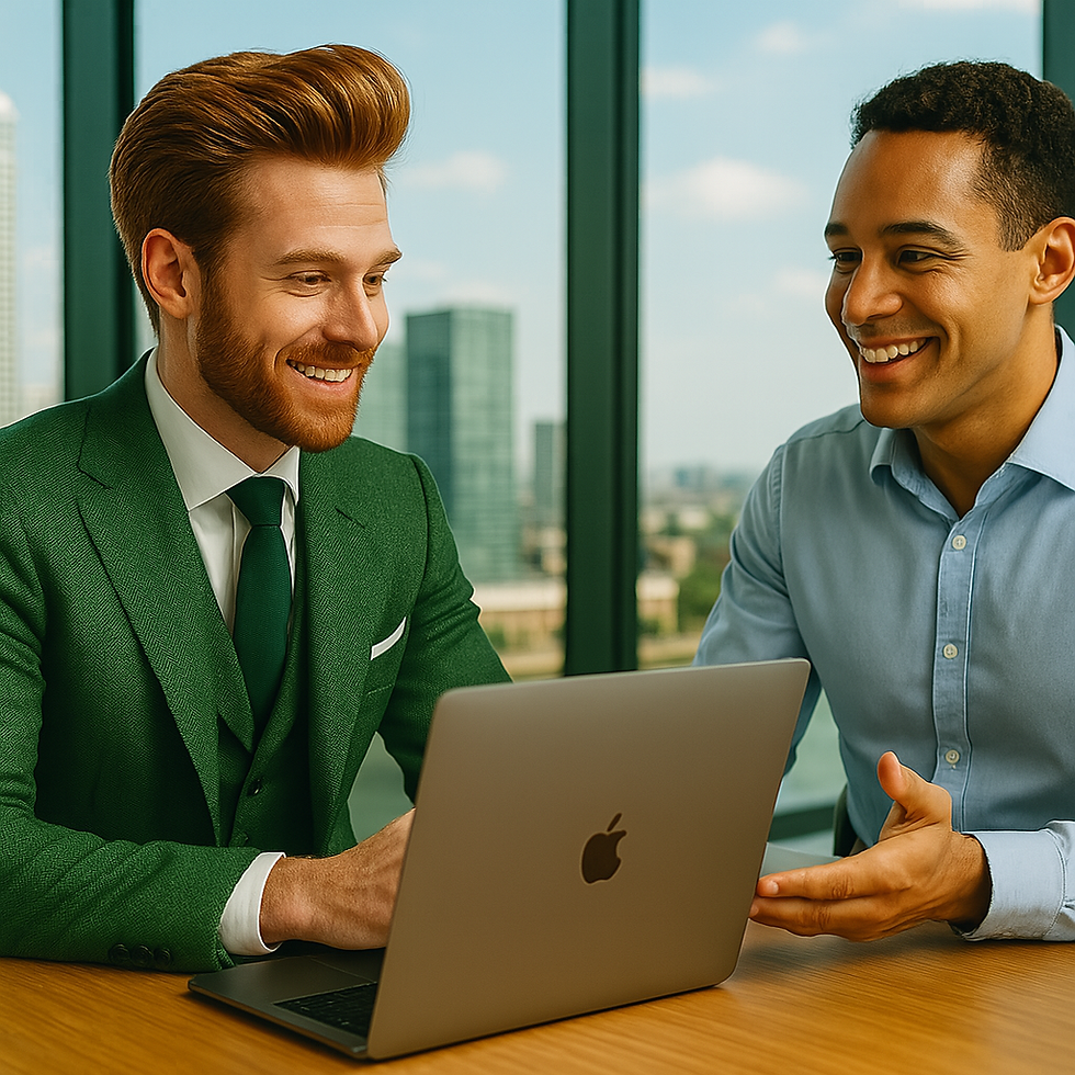 Two men smiling and conversing over a laptop in an office with large windows. One wears a green suit, the other a light blue shirt. Bright, sunny day.