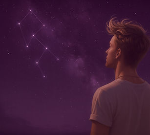 A person gazes at glowing constellation in a starry, purple night sky. They appear thoughtful, wearing a white shirt, with windblown hair.