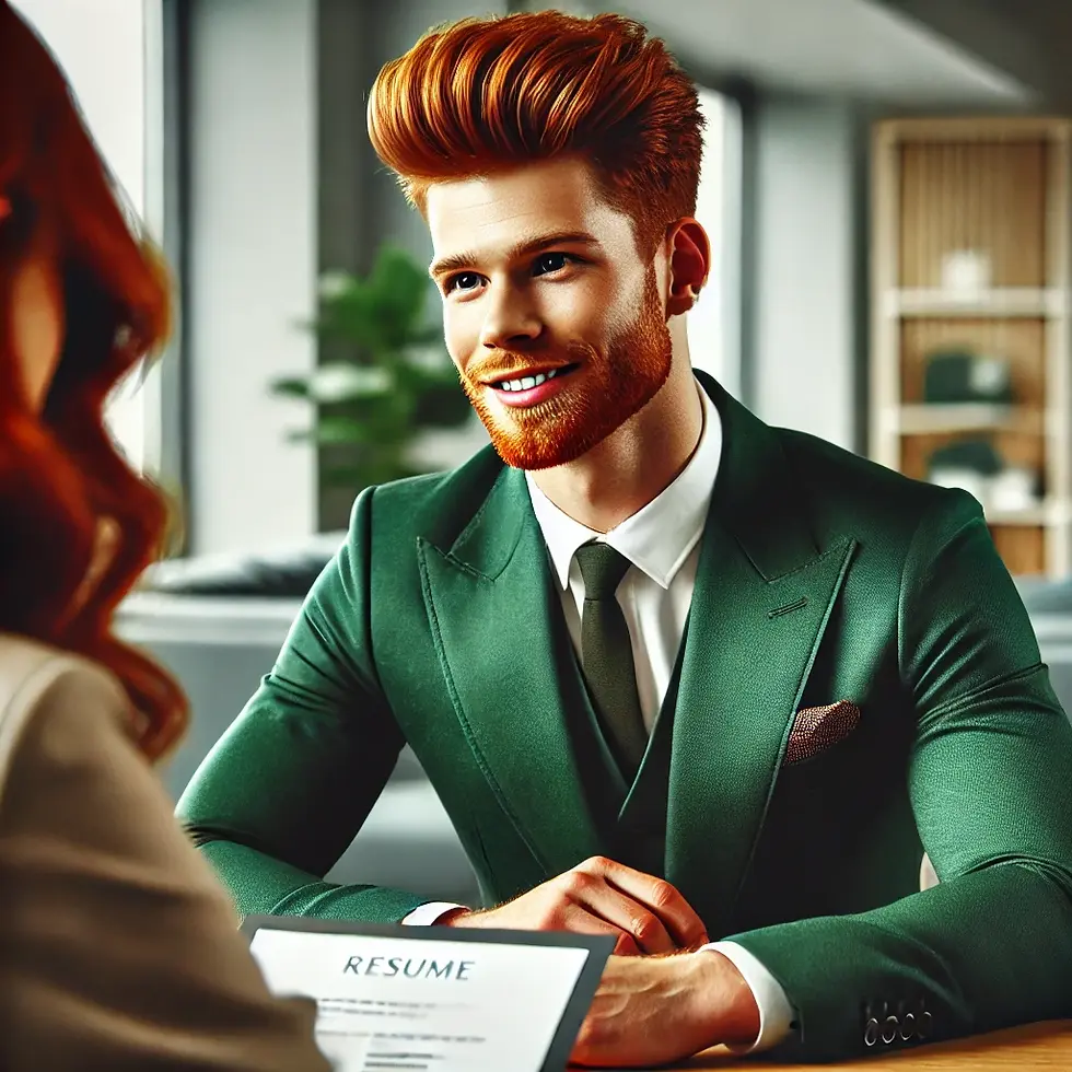 Man in a green suit smiles across table, holding a resume during a job interview. Modern office with blurred decor in the background.