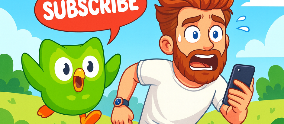 A cartoon illustration of the green Duolingo owl chasing a panicked ginger-haired man holding a phone. The owl shouts “SUBSCRIBE” in a red speech bubble as the man runs through a grassy outdoor scene, sweating and looking distressed.