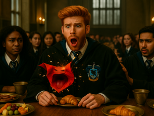 A red envelope bursting into sparks with a ginger haired man agasp in the background of a grand hall.