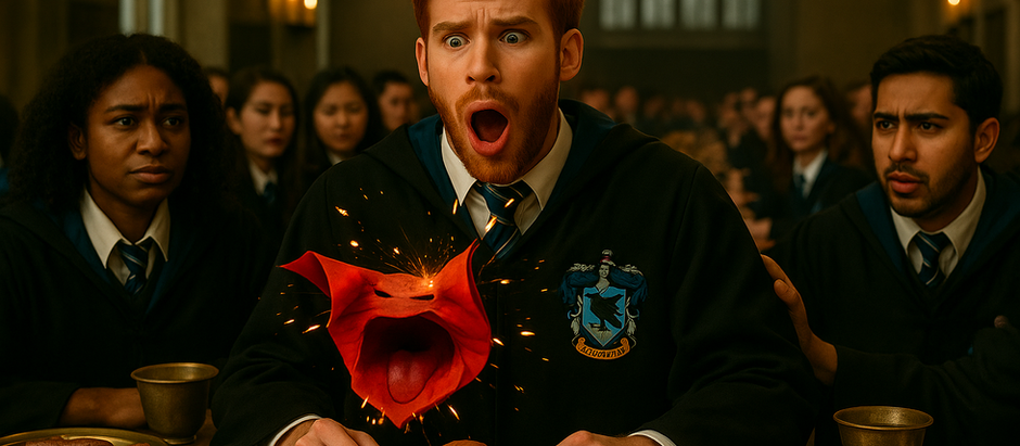 A red envelope bursting into sparks with a ginger haired man agasp in the background of a grand hall.