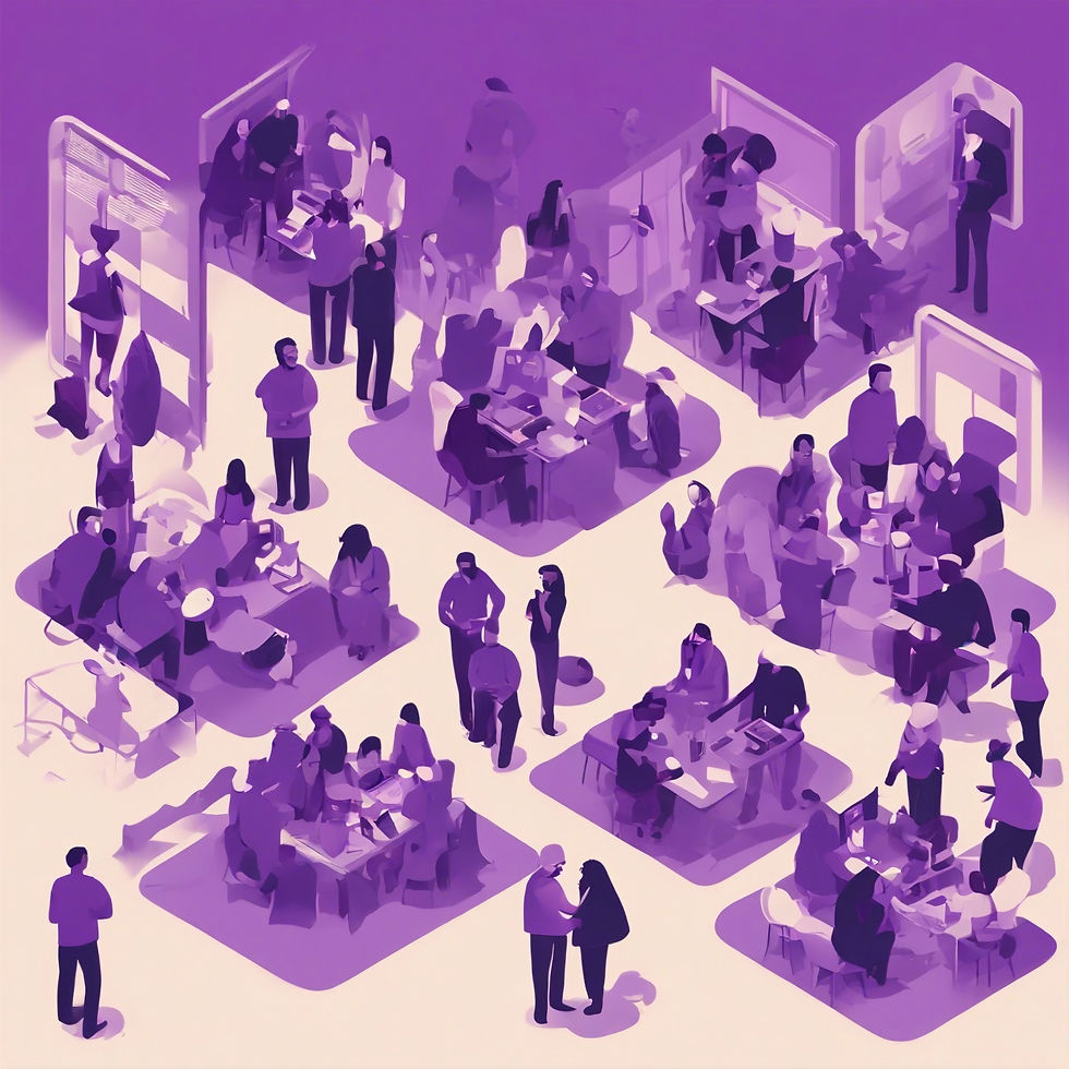 Groups of people congregated in different spaces within an office