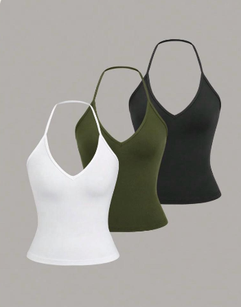 Kit Sweetra de três regatas femininas decote halter em branco verde e preto