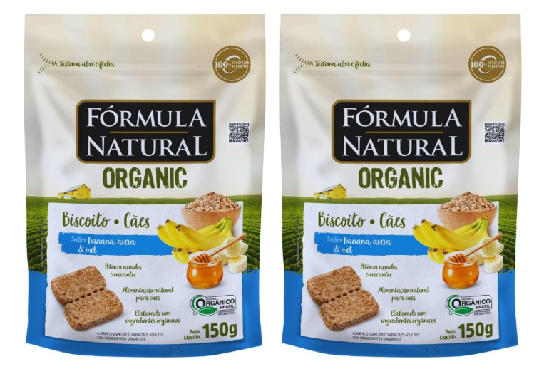Kit 2 pacotes Fórmula Natural Organic biscoito cães banana aveia mel 150 g cada