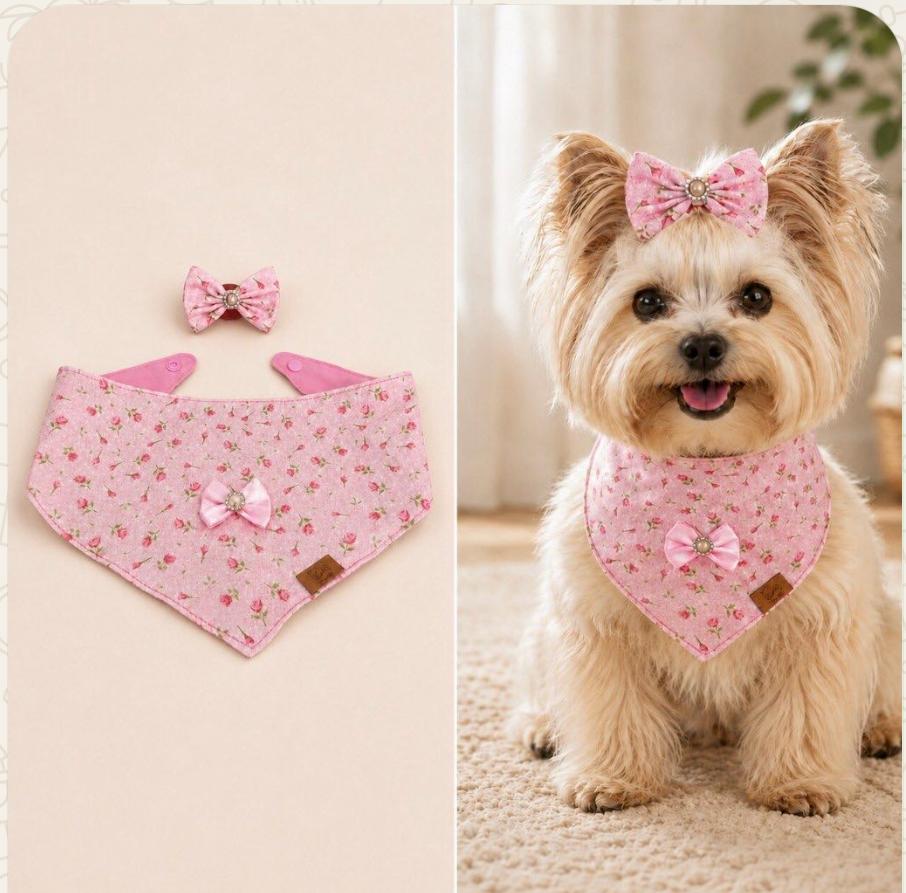 Bandana rosa floral para cães com laço decorativo