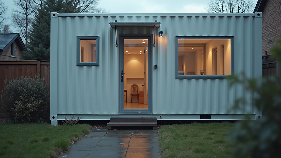 Close-up view of a converted office container with windows and door in Liverpool