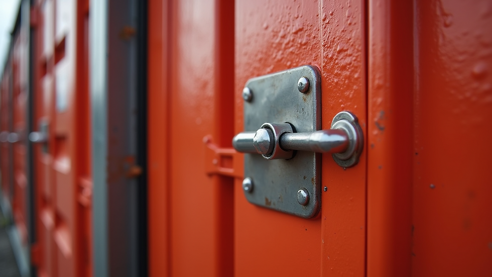Close-up view of a weatherproof storage container door with secure locking mechanism