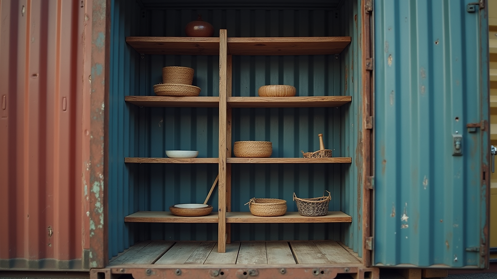 Close-up view of a shipping container with custom shelving inside
