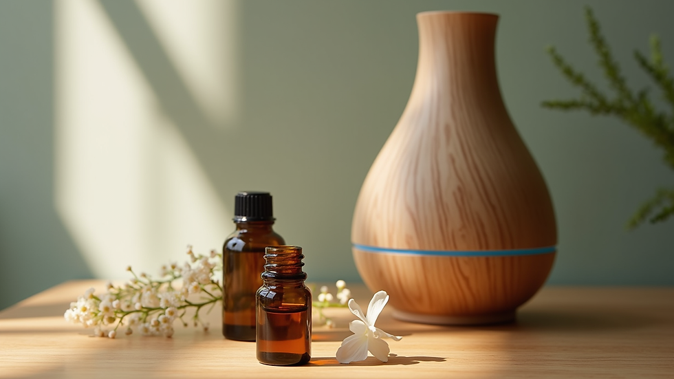 Close-up view of essential oils and a diffuser on a wooden table