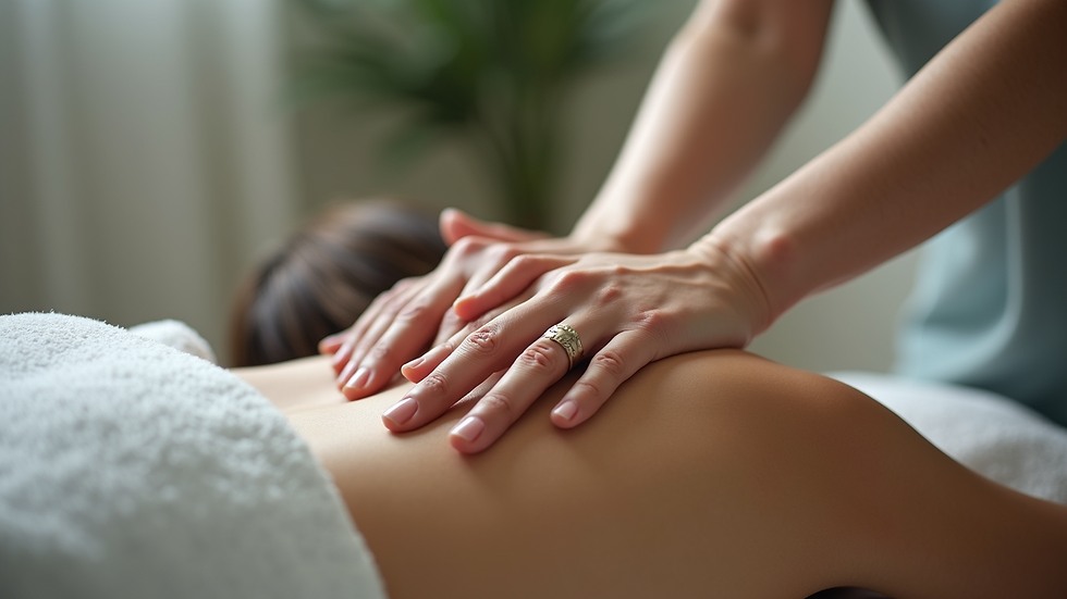 Close-up view of a therapist’s hands gently massaging a client’s shoulder over clothing