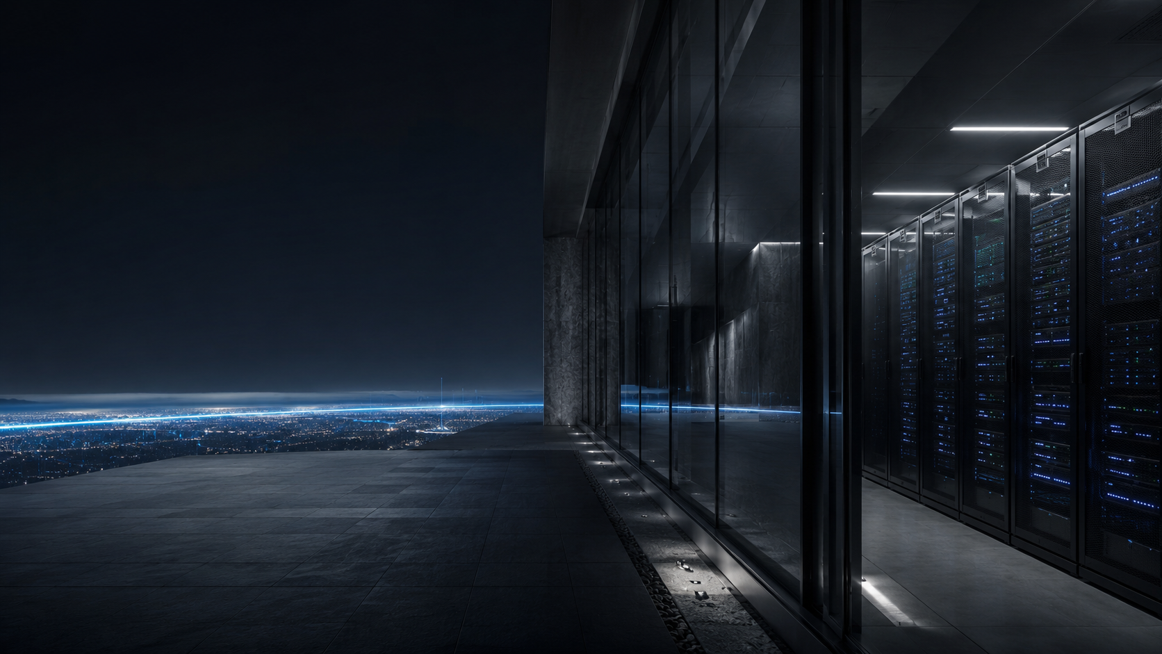 A dark architectural data center overlooking a connected city horizon