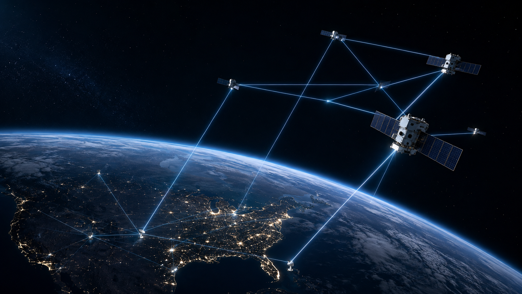 Earth connected to a constellation of satellites by blue optical links