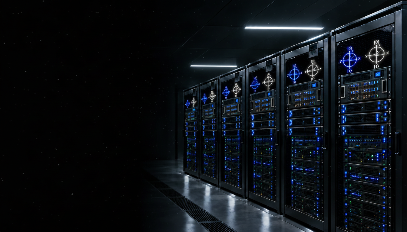Six detailed server racks with paired blue and silver-white qubit visualizations