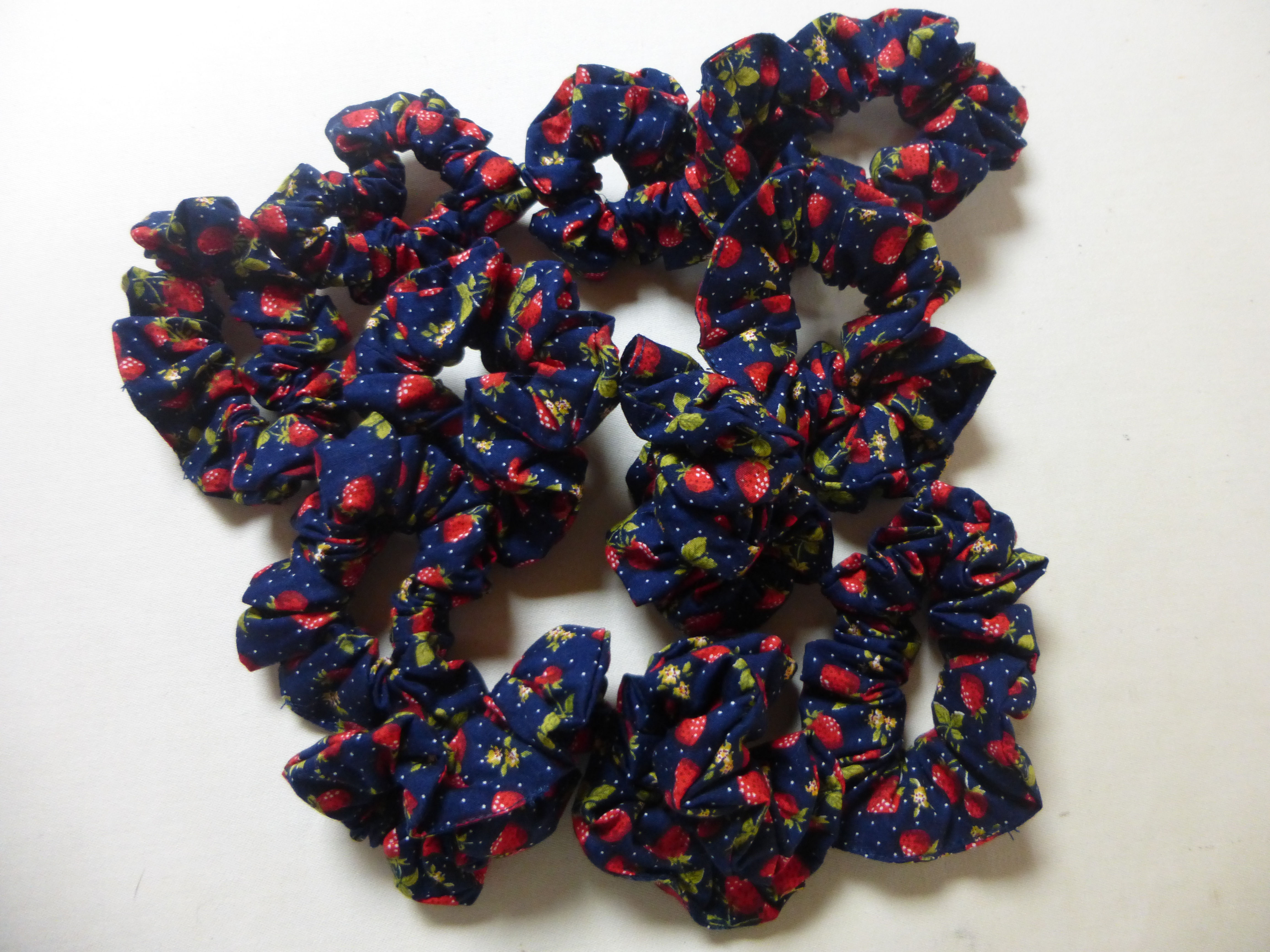 Navy cotton scrunchies with strawberries print