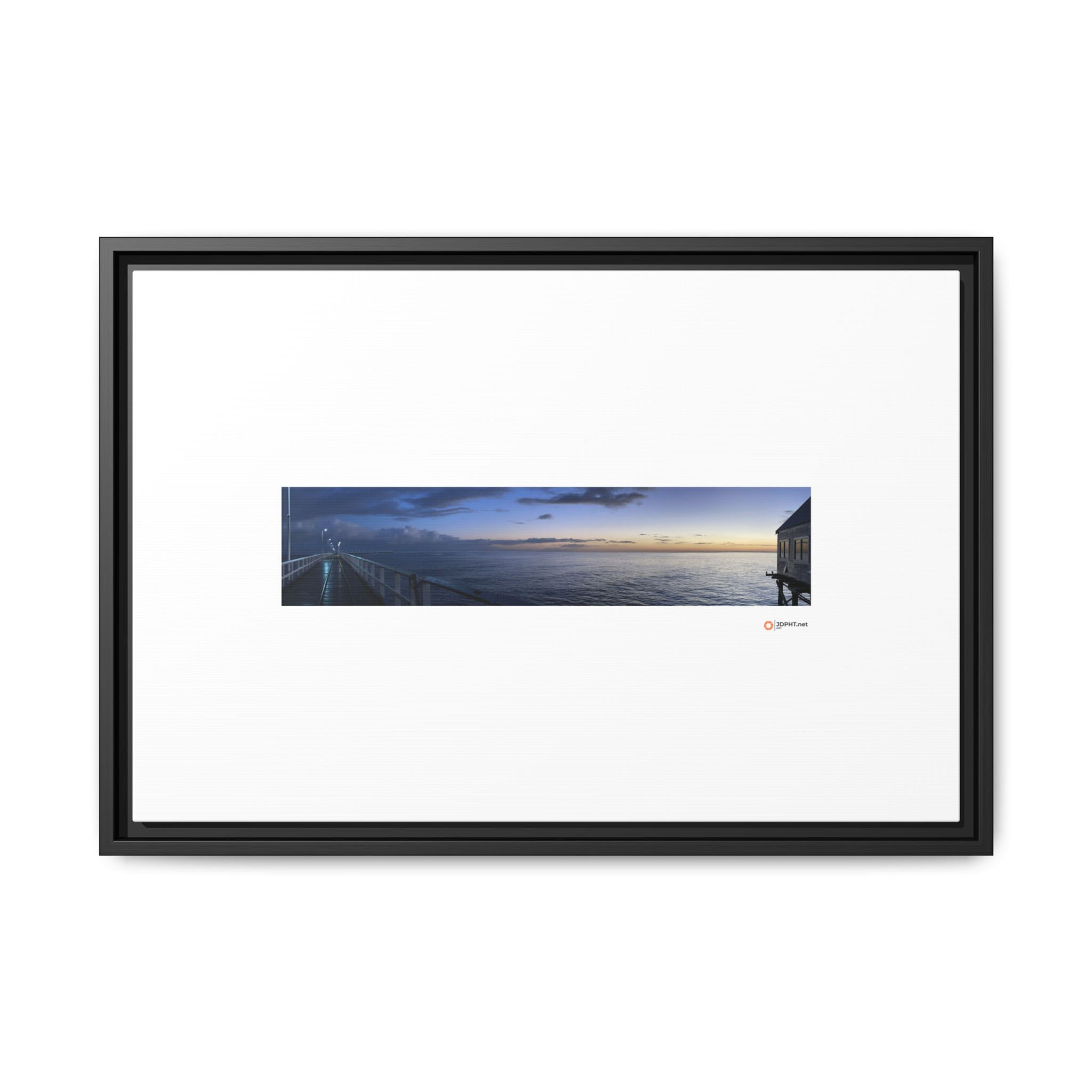 Framed Matte Canvas Panorama — Coastal Pier Sunset
