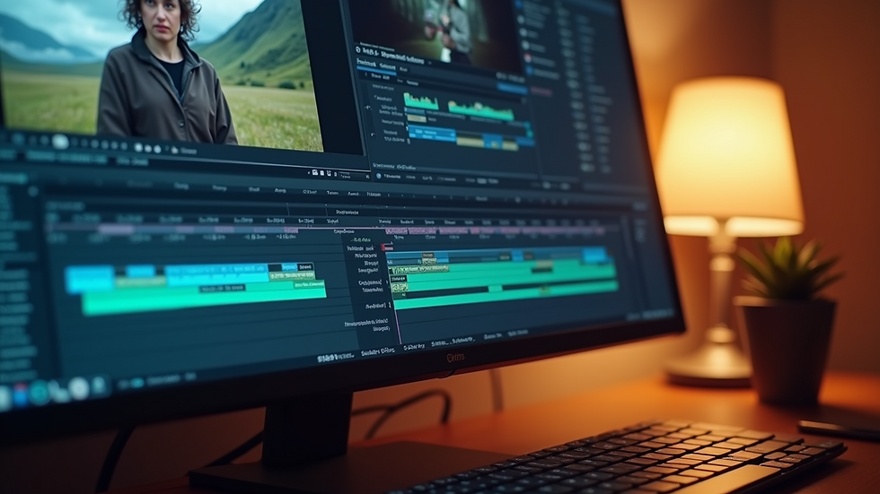 Close-up view of a computer screen showing video editing software with color grading tools