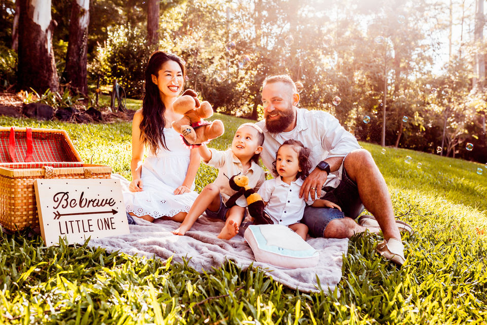 Family photo of 4 people, Brisbane in golden hour 