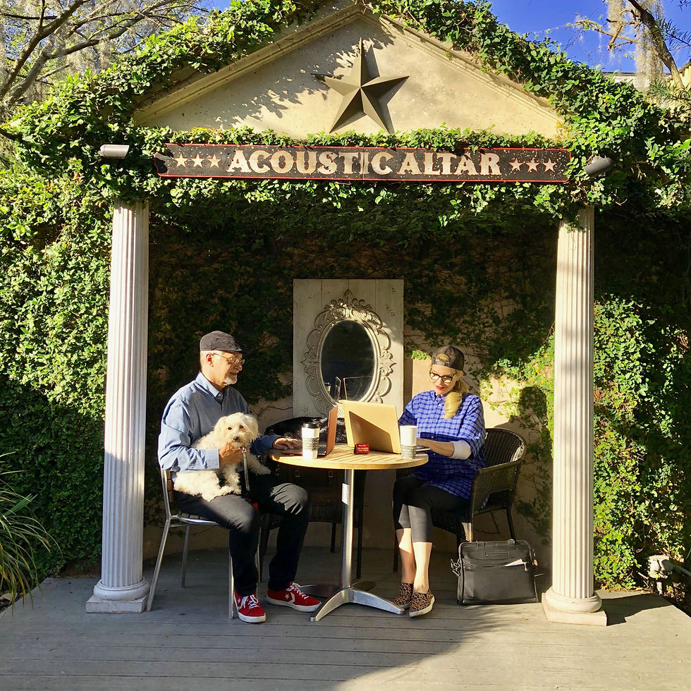 Couple working on laptop at coffee shop with dog