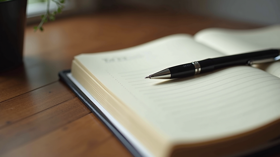 High angle view of a journal and pen on a wooden desk, symbolizing reflection and progress