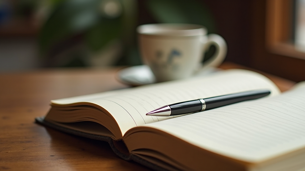 Close-up view of a journal and pen on a wooden table, symbolizing reflection and healing