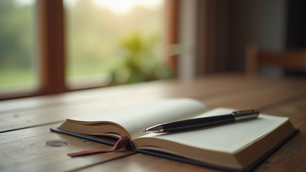 Close-up view of a journal and pen on a wooden table, symbolizing reflection and healing