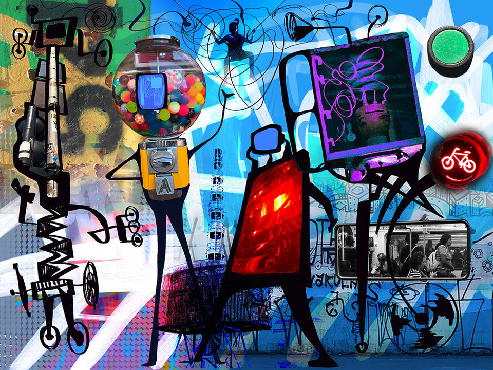 arte fotomontagem de desenhos e fotos mostrando um Chaos Urbano  - máquinas em simbiose com os humanos