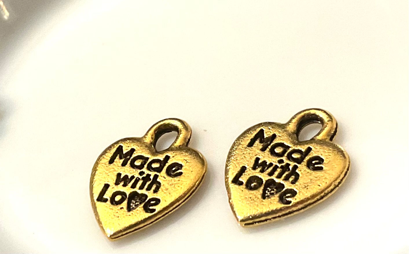 Set of 6 Made with Love 1/4" Inch Antiqued Gold Pewter Charms.