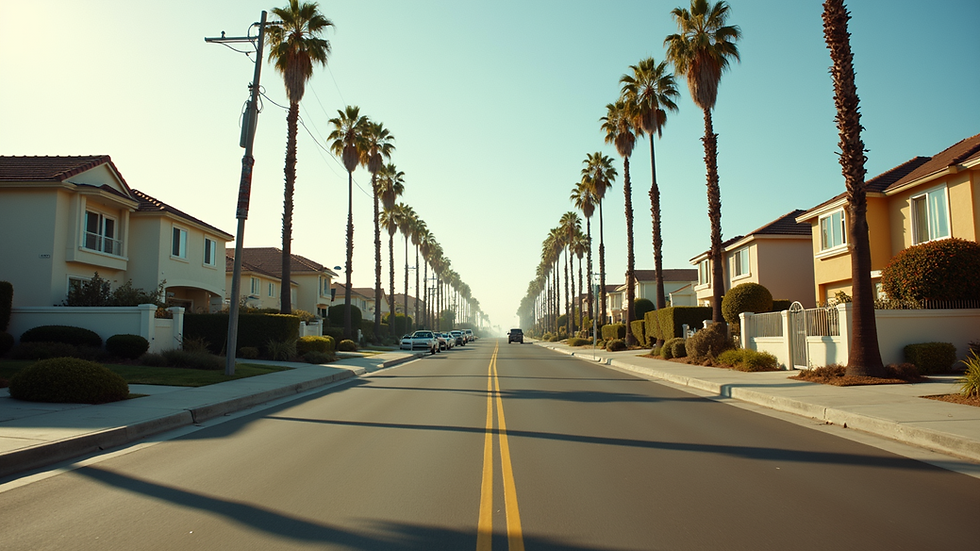 Eye-level view of a coastal Southern California neighborhood with homes and palm trees