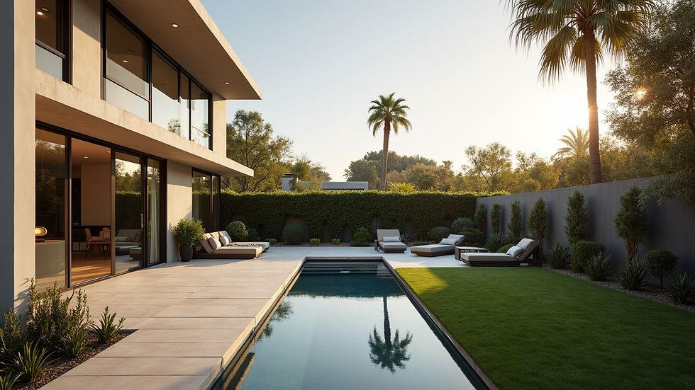 High angle view of a modern home with a backyard patio in Southern California