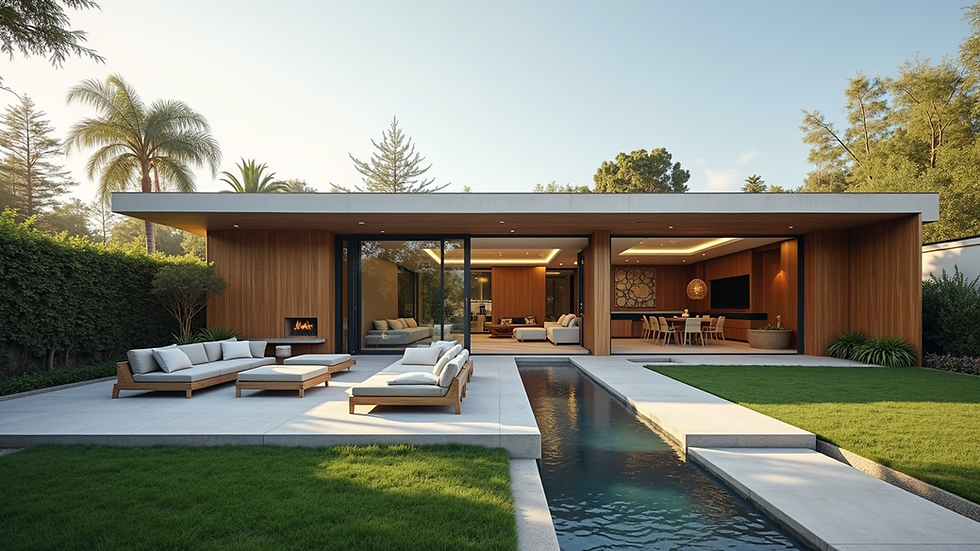 Wide angle view of a modern Southern California home with a spacious backyard