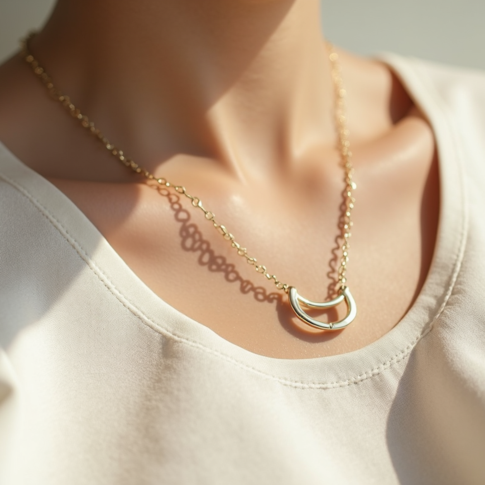Close-up view of a minimalist necklace on a soft fabric background