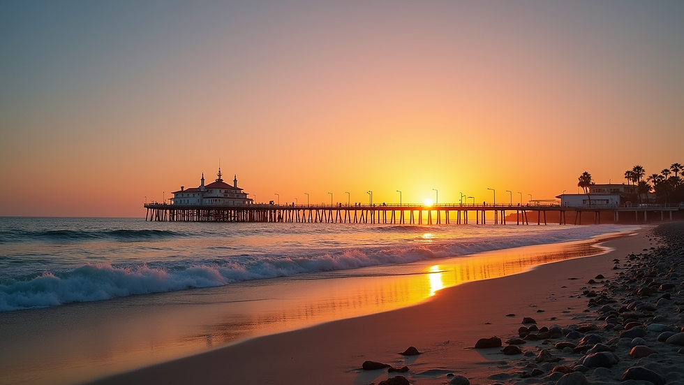 Wide angle view of Redondo Beach pier and coastline at sunset