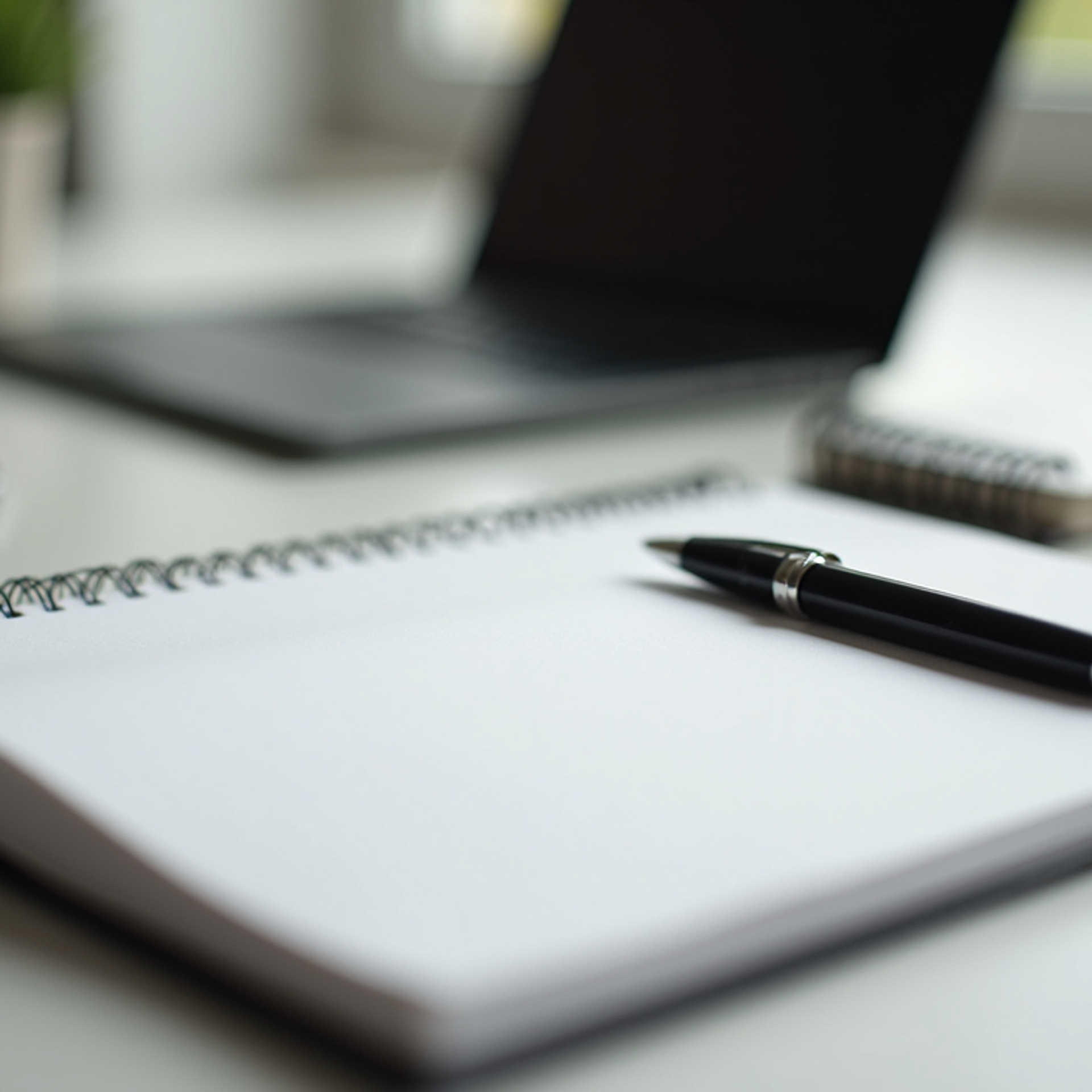 Eye-level view of a minimalist workspace with a notebook and pen