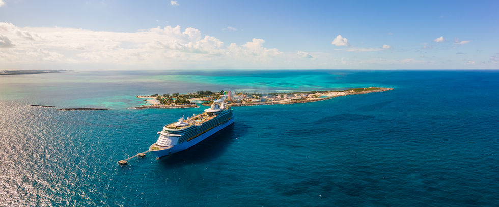 Panoramic photo of Royal Caribbean's private island, Perfect Day at Cococay in the Bahamas