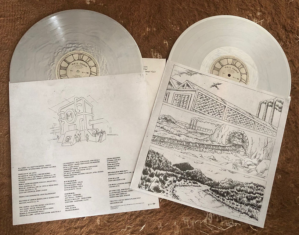 The reverse sides of the inner sleeves with more of the illustrations from the concert. The labels on each disc include the clock face I drew for part of the "Hands Of Time" projected illustration.