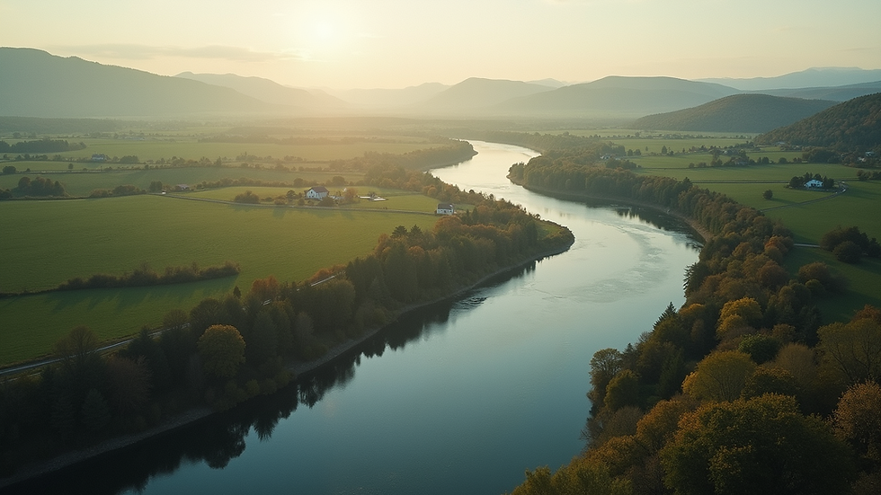 High angle view of a serene landscape with a winding river