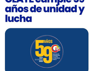 Gráfico conmemorativo del 59 aniversario de la CLATE, destacando sus años de unidad y lucha por los trabajadores de Latinoamérica y el Caribe.