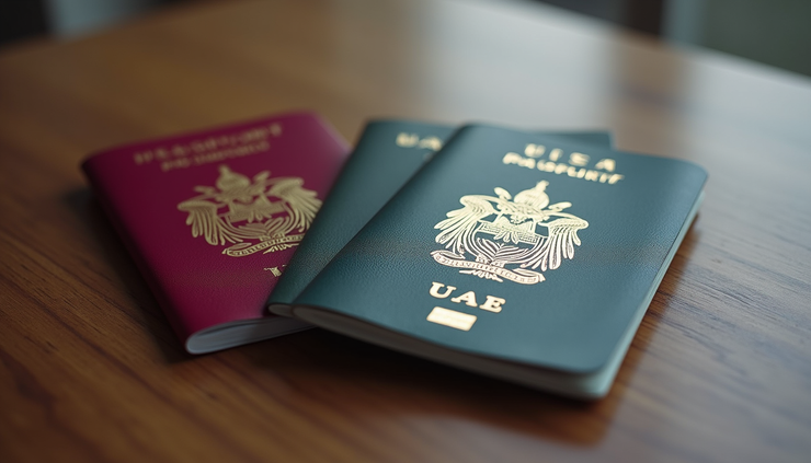 High angle view of UAE passport and U.S. passport side by side on a table